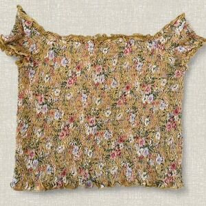 American Eagle Womens Mustard Yellow Floral Smocked Off Shoulder Crop Top Size M